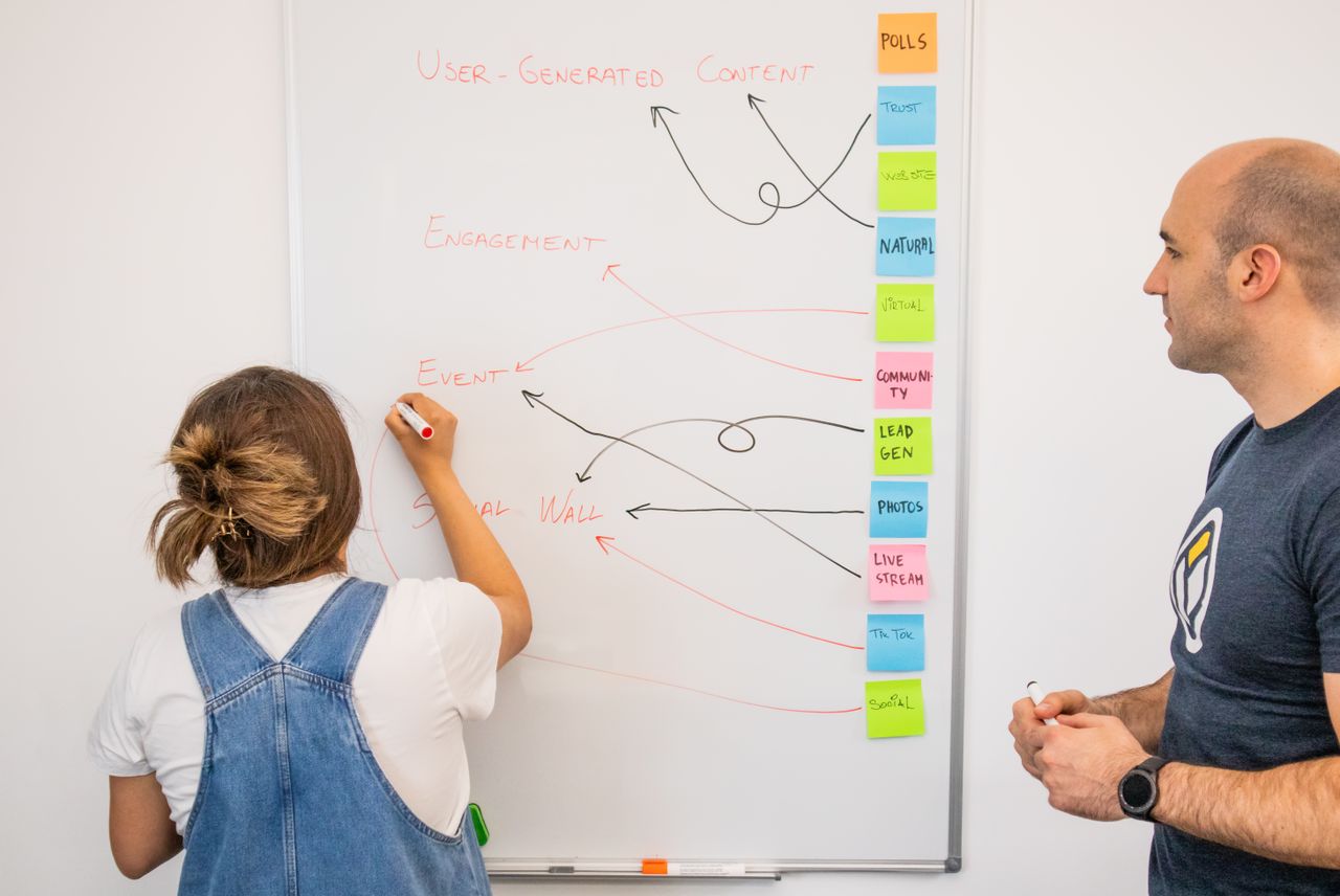 Deux collègues travaillent ensemble sur une stratégie marketing autour d’un tableau blanc, en se concentrant sur le contenu généré par les utilisateurs.